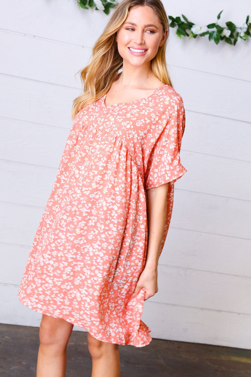 Peach Ditzy Floral Woven Dolman V Neck Dress - Bitsy Gypsy Boutique