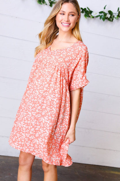 Peach Ditzy Floral Woven Dolman V Neck Dress - Bitsy Gypsy Boutique