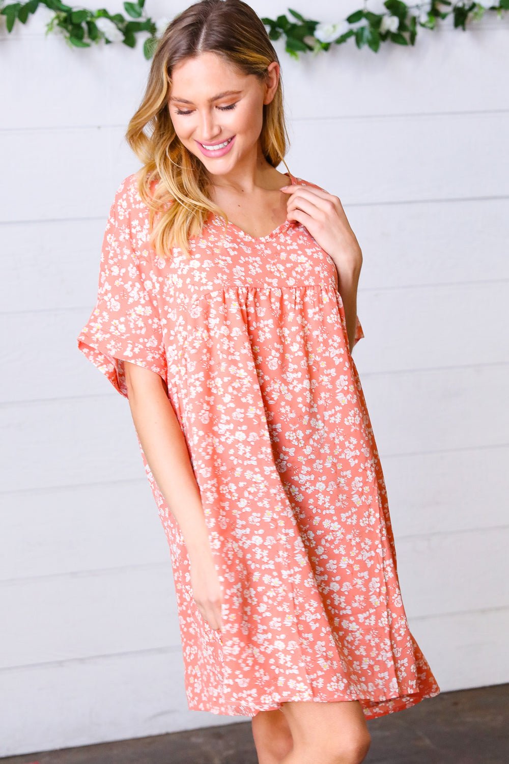 Peach Ditzy Floral Woven Dolman V Neck Dress - Bitsy Gypsy Boutique