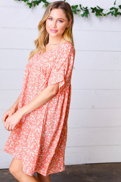 Peach Ditzy Floral Woven Dolman V Neck Dress - Bitsy Gypsy Boutique