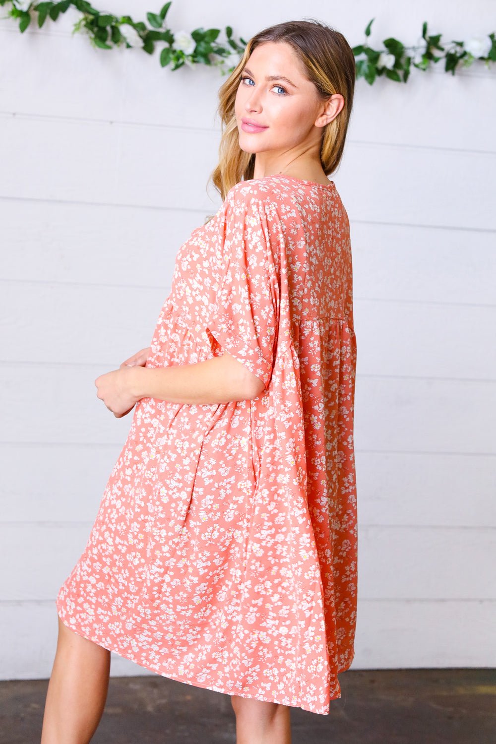 Peach Ditzy Floral Woven Dolman V Neck Dress - Bitsy Gypsy Boutique