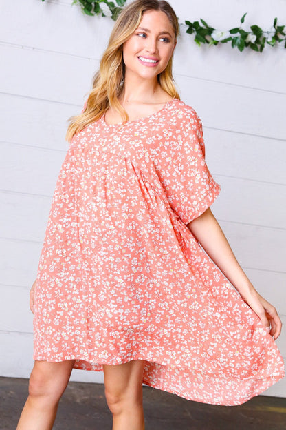Peach Ditzy Floral Woven Dolman V Neck Dress - Bitsy Gypsy Boutique
