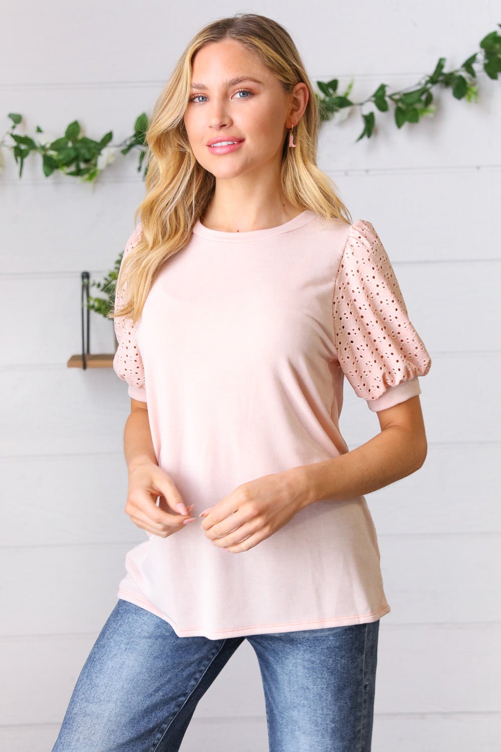 Peach Eyelet Puff Sleeve French Terry Top - Bitsy Gypsy Boutique