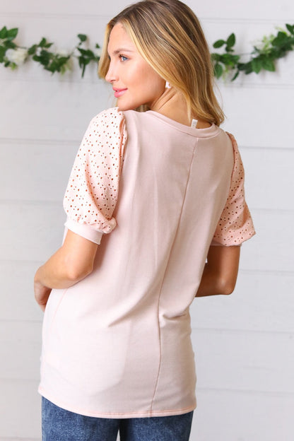 Peach Eyelet Puff Sleeve French Terry Top - Bitsy Gypsy Boutique