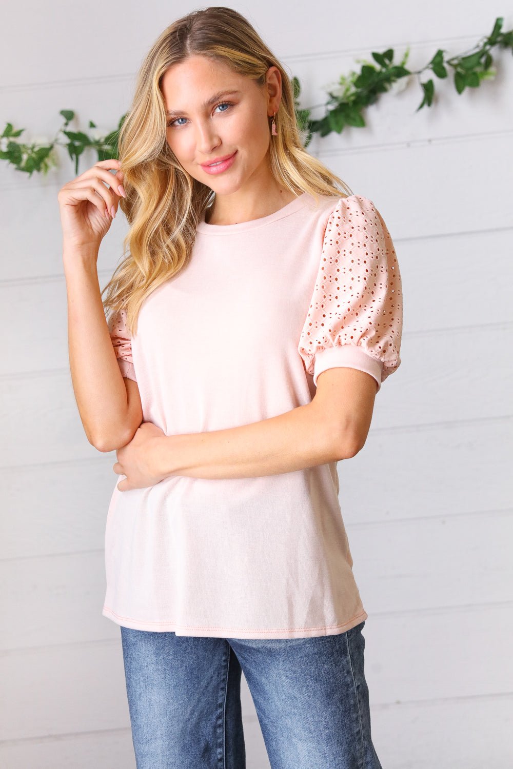 Peach Eyelet Puff Sleeve French Terry Top - Bitsy Gypsy Boutique