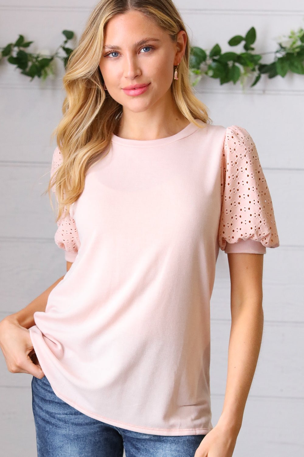 Peach Eyelet Puff Sleeve French Terry Top - Bitsy Gypsy Boutique