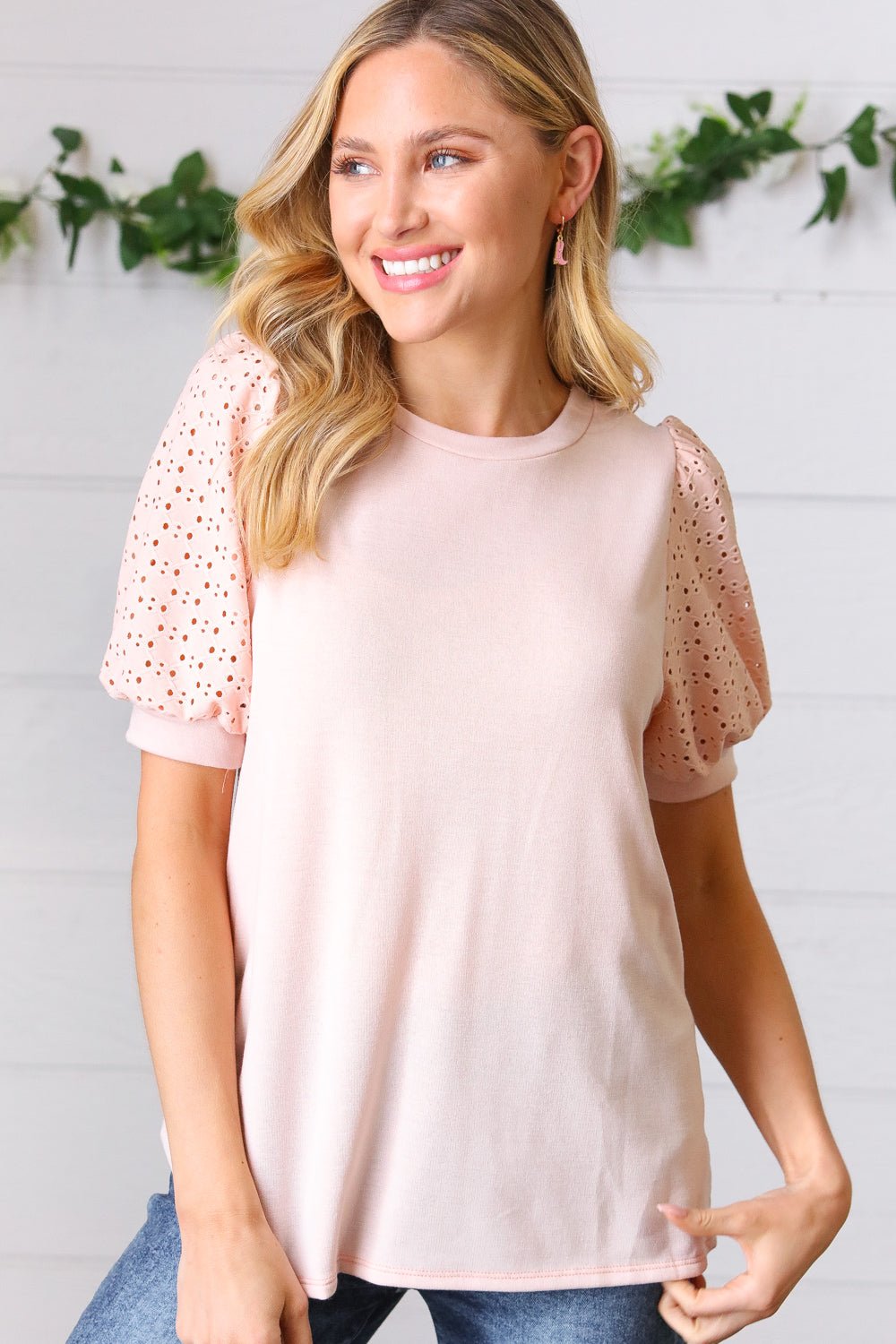 Peach Eyelet Puff Sleeve French Terry Top - Bitsy Gypsy Boutique