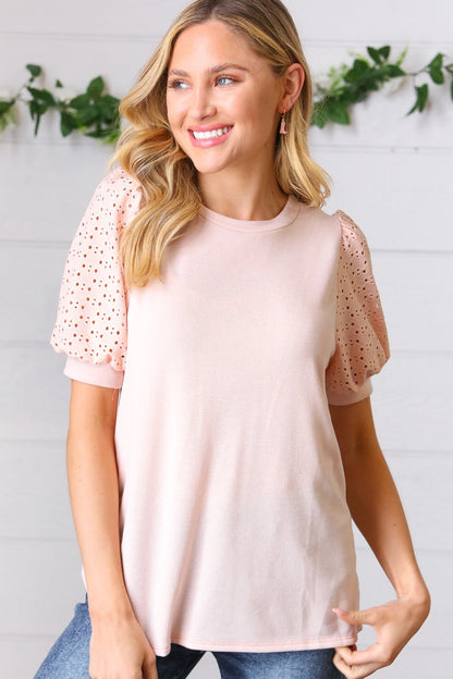 Peach Eyelet Puff Sleeve French Terry Top - Bitsy Gypsy Boutique