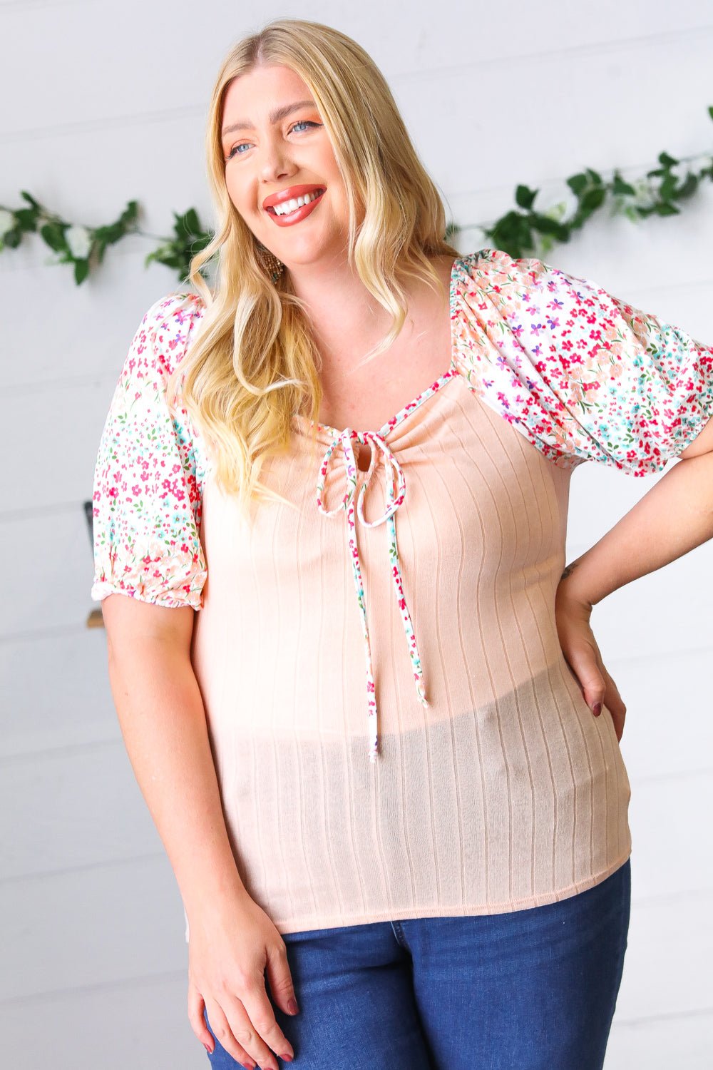 Peach & Floral Tie Neck Bubble Sleeve Top - Bitsy Gypsy Boutique