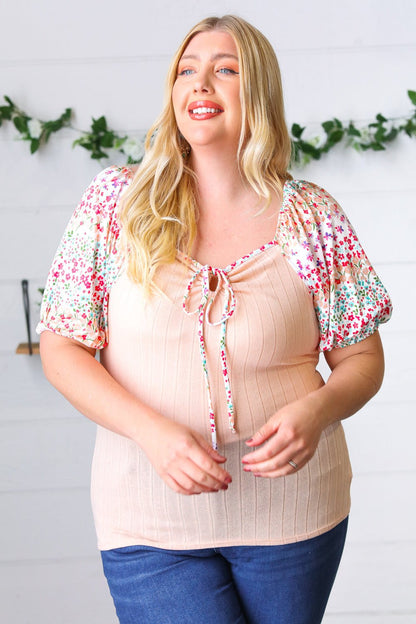 Peach & Floral Tie Neck Bubble Sleeve Top - Bitsy Gypsy Boutique