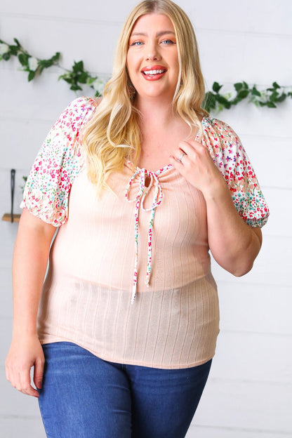 Peach & Floral Tie Neck Bubble Sleeve Top - Bitsy Gypsy Boutique