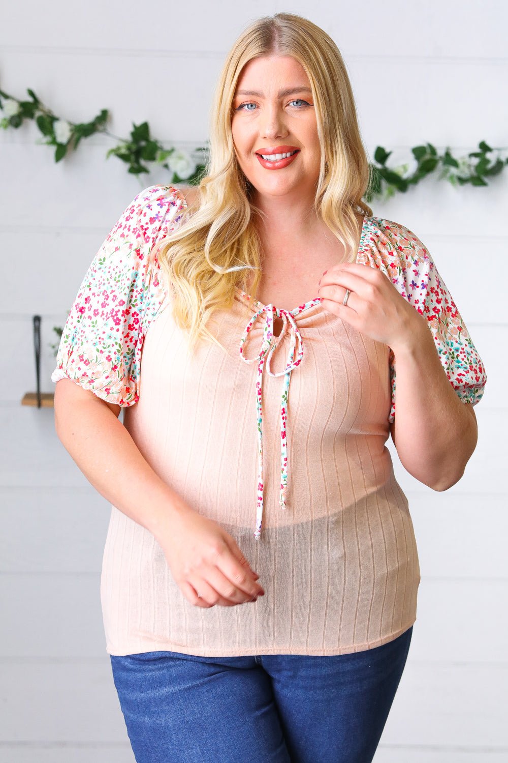Peach & Floral Tie Neck Bubble Sleeve Top - Bitsy Gypsy Boutique