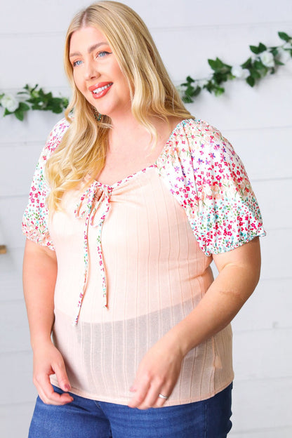 Peach & Floral Tie Neck Bubble Sleeve Top - Bitsy Gypsy Boutique