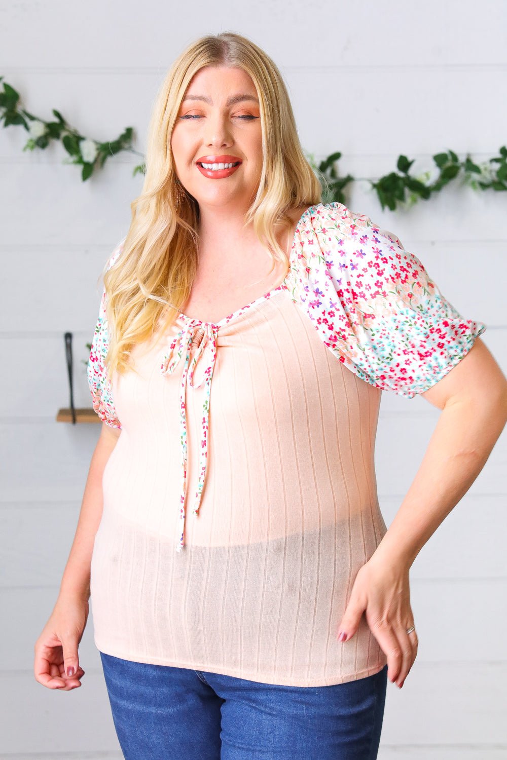 Peach & Floral Tie Neck Bubble Sleeve Top - Bitsy Gypsy Boutique