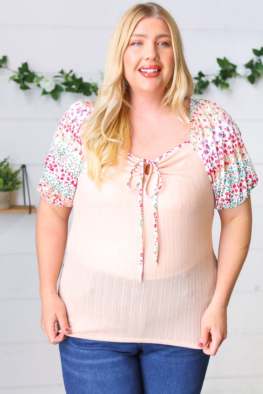 Peach & Floral Tie Neck Bubble Sleeve Top - Bitsy Gypsy Boutique