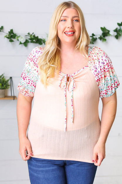Peach & Floral Tie Neck Bubble Sleeve Top - Bitsy Gypsy Boutique