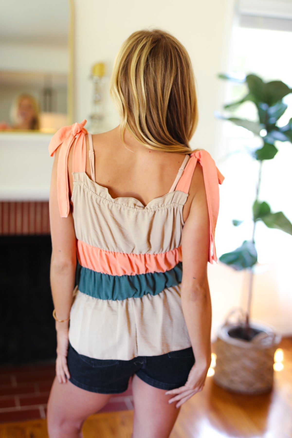 Peach Tie Knot Shoulder Detail Color Block Top - Bitsy Gypsy Boutique
