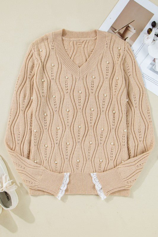Pearl Beaded Pointelle Knit V - Neck Lace Trim Sweat - Bitsy Gypsy Boutique