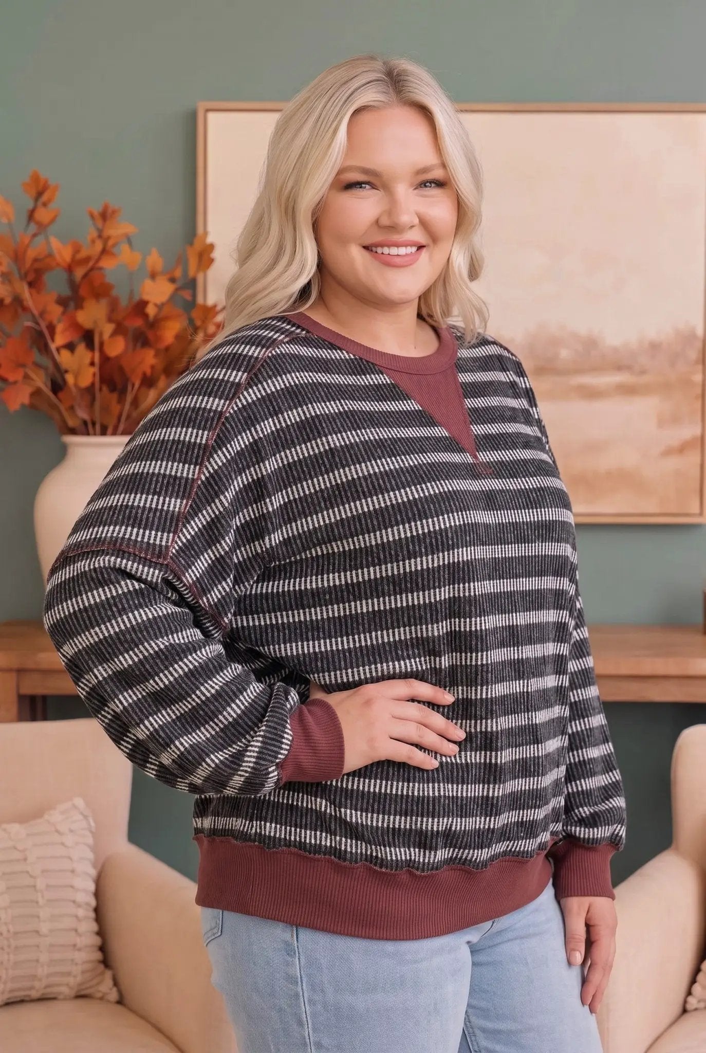 Perfect Plum Striped Sweater by Haptics