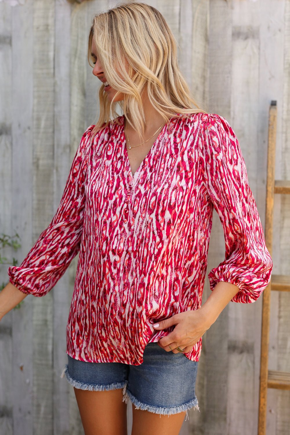 Perfectly You Berry Satin Button-Down V Neck Blouse - Bitsy Gypsy Boutique