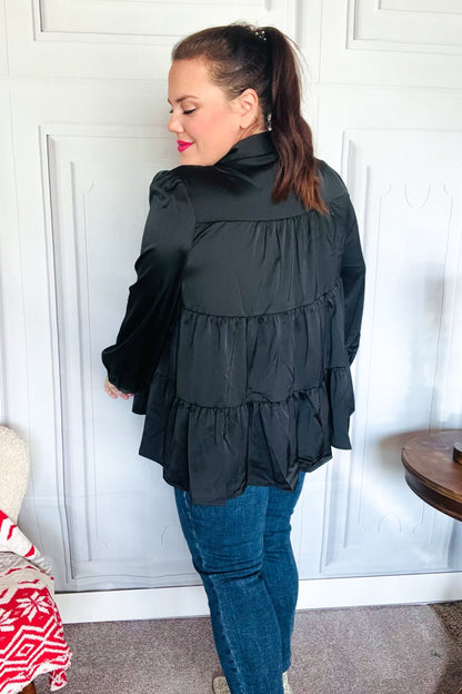 Perfectly You Black Button Down Tiered Babydoll Satin Top - Bitsy Gypsy Boutique