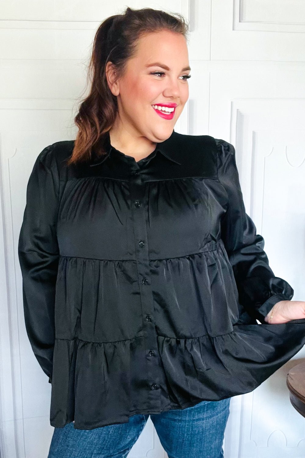 Perfectly You Black Button Down Tiered Babydoll Satin Top - Bitsy Gypsy Boutique
