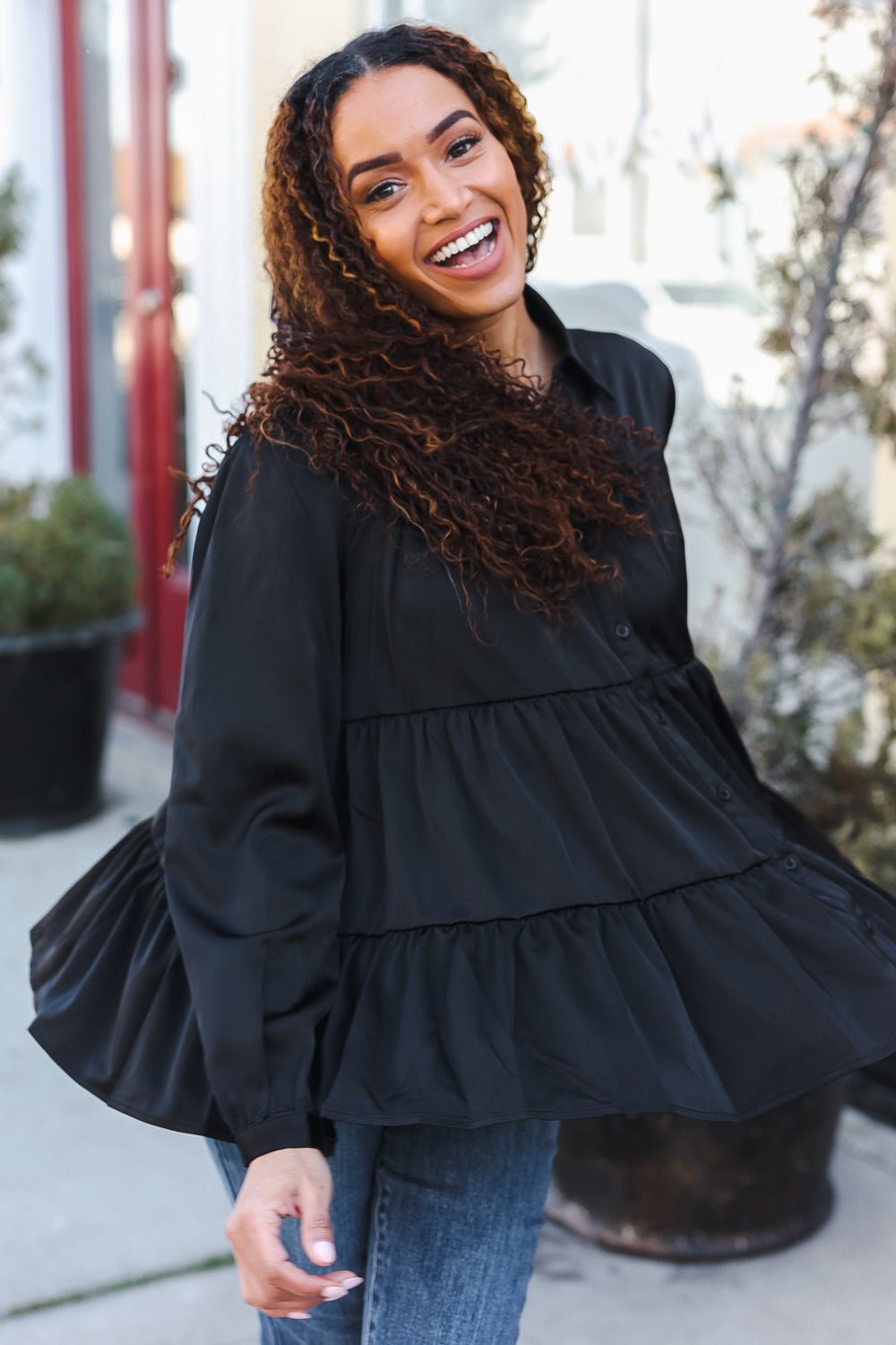 Perfectly You Black Button Down Tiered Babydoll Satin Top - Bitsy Gypsy Boutique