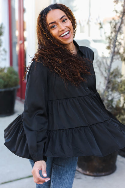 Perfectly You Black Button Down Tiered Babydoll Satin Top - Bitsy Gypsy Boutique
