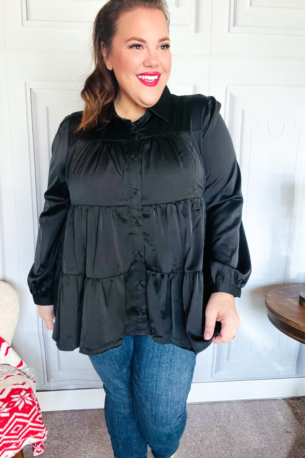 Perfectly You Black Button Down Tiered Babydoll Satin Top - Bitsy Gypsy Boutique