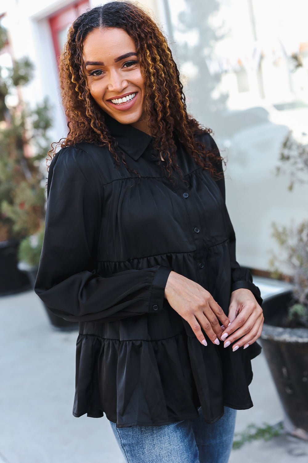 Perfectly You Black Button Down Tiered Babydoll Satin Top - Bitsy Gypsy Boutique