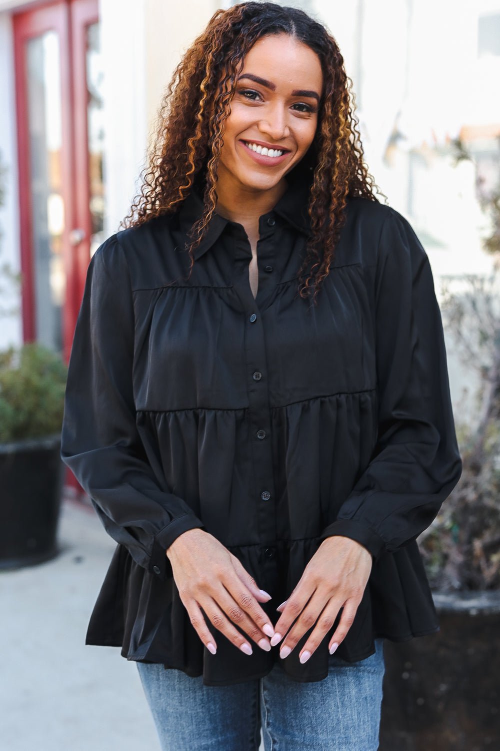 Perfectly You Black Button Down Tiered Babydoll Satin Top - Bitsy Gypsy Boutique