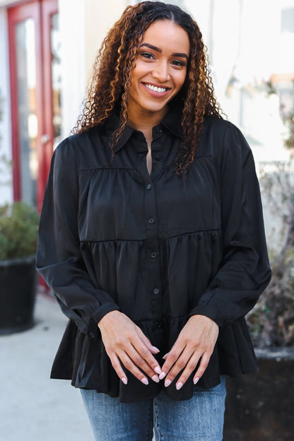 Perfectly You Black Button Down Tiered Babydoll Satin Top - Bitsy Gypsy Boutique