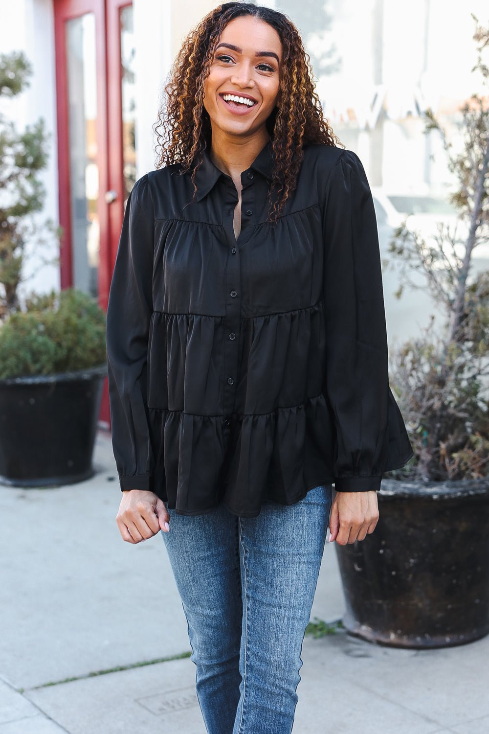 Perfectly You Black Button Down Tiered Babydoll Satin Top - Bitsy Gypsy Boutique