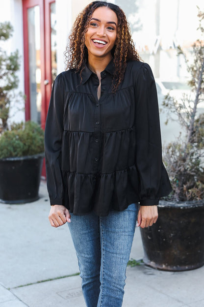 Perfectly You Black Button Down Tiered Babydoll Satin Top - Bitsy Gypsy Boutique