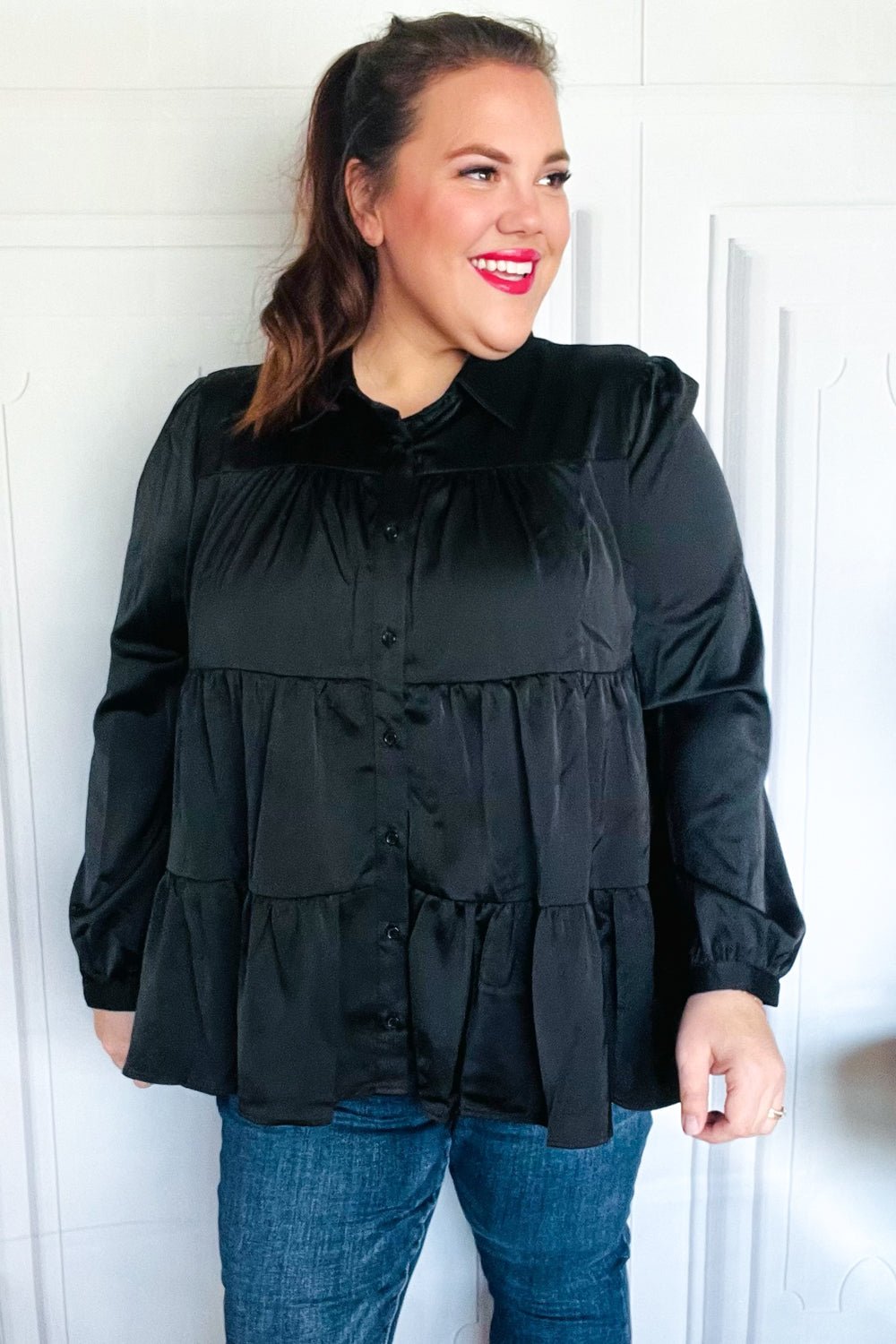 Perfectly You Black Button Down Tiered Babydoll Satin Top - Bitsy Gypsy Boutique
