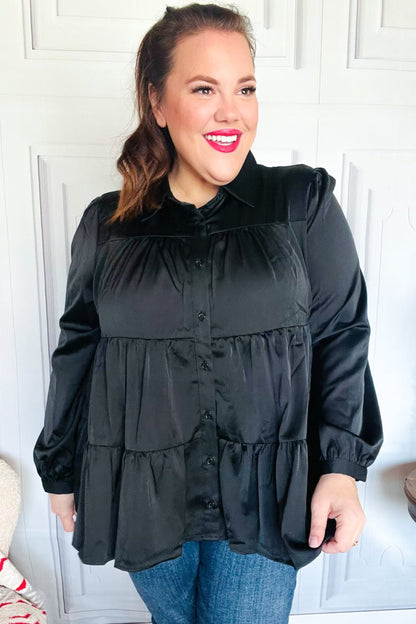 Perfectly You Black Button Down Tiered Babydoll Satin Top - Bitsy Gypsy Boutique