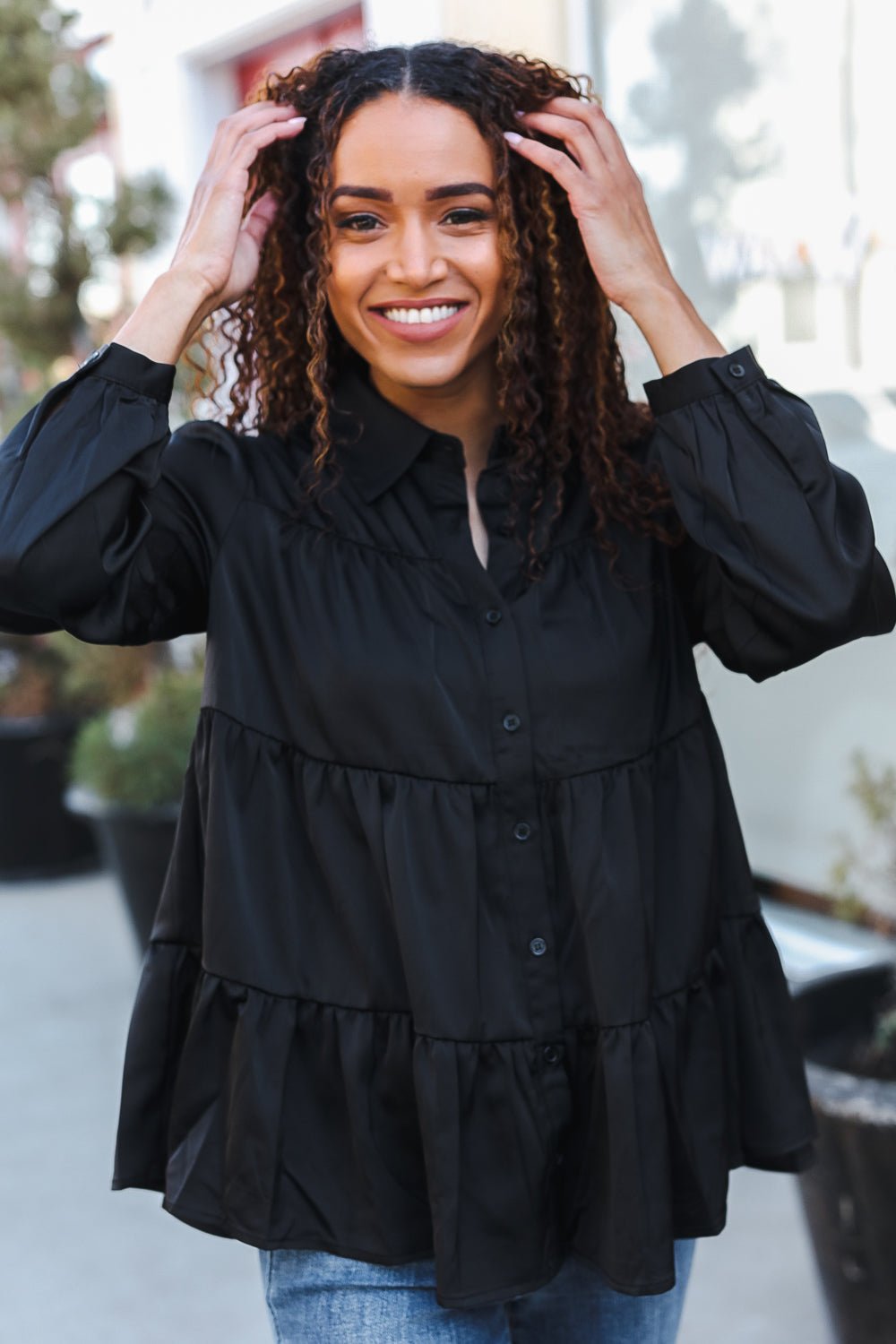 Perfectly You Black Button Down Tiered Babydoll Satin Top - Bitsy Gypsy Boutique