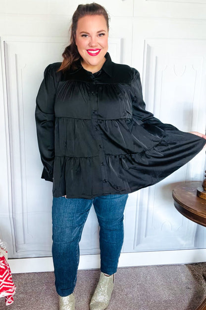 Perfectly You Black Button Down Tiered Babydoll Satin Top - Bitsy Gypsy Boutique