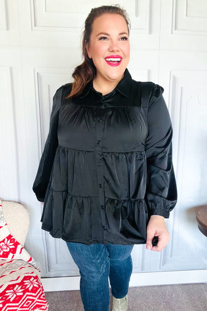 Perfectly You Black Button Down Tiered Babydoll Satin Top - Bitsy Gypsy Boutique