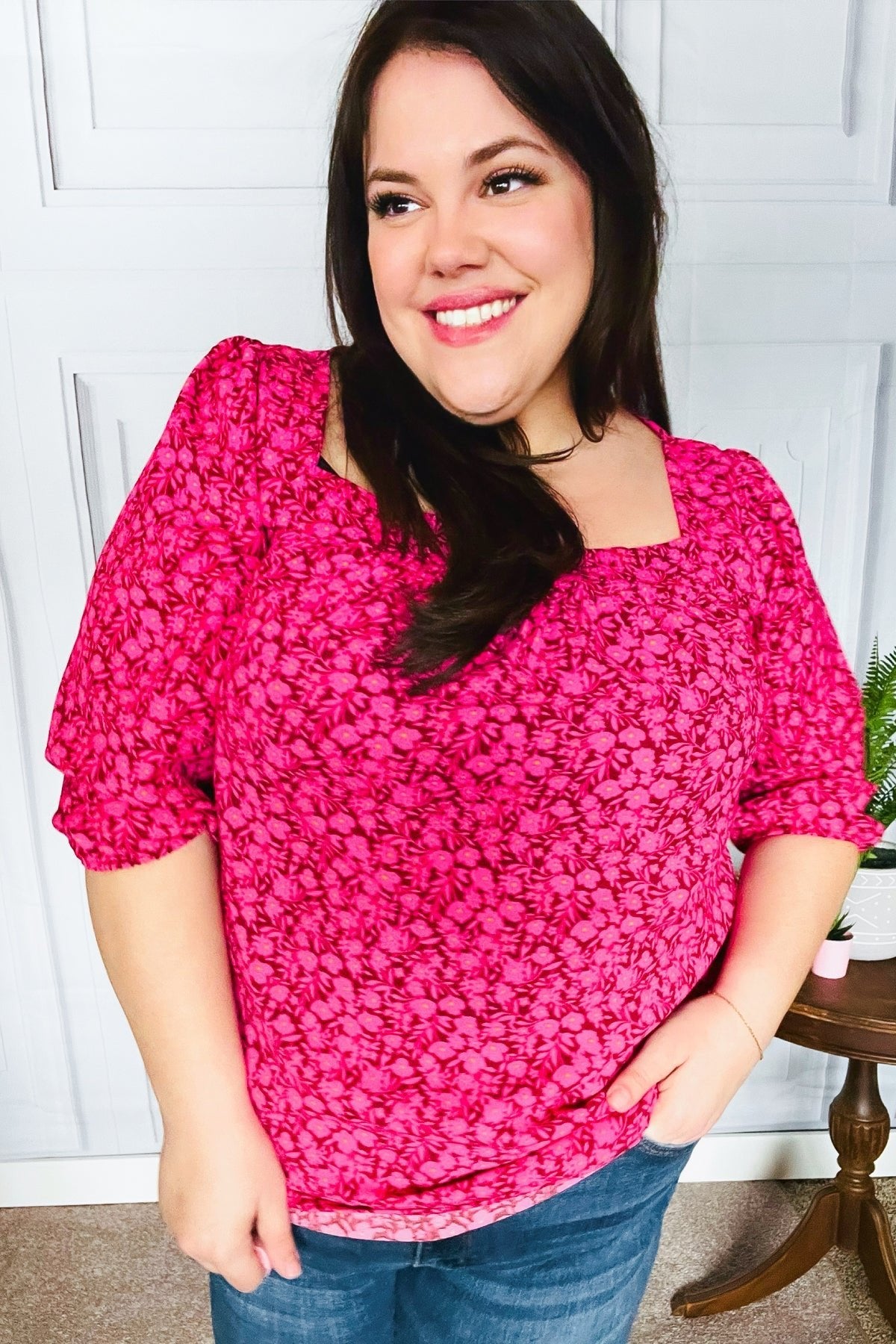 Perfectly You Fuchsia Floral Three Quarter Sleeve Square Neck Top - Bitsy Gypsy Boutique