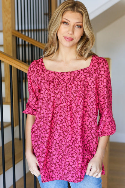 Perfectly You Fuchsia Floral Three Quarter Sleeve Square Neck Top - Bitsy Gypsy Boutique