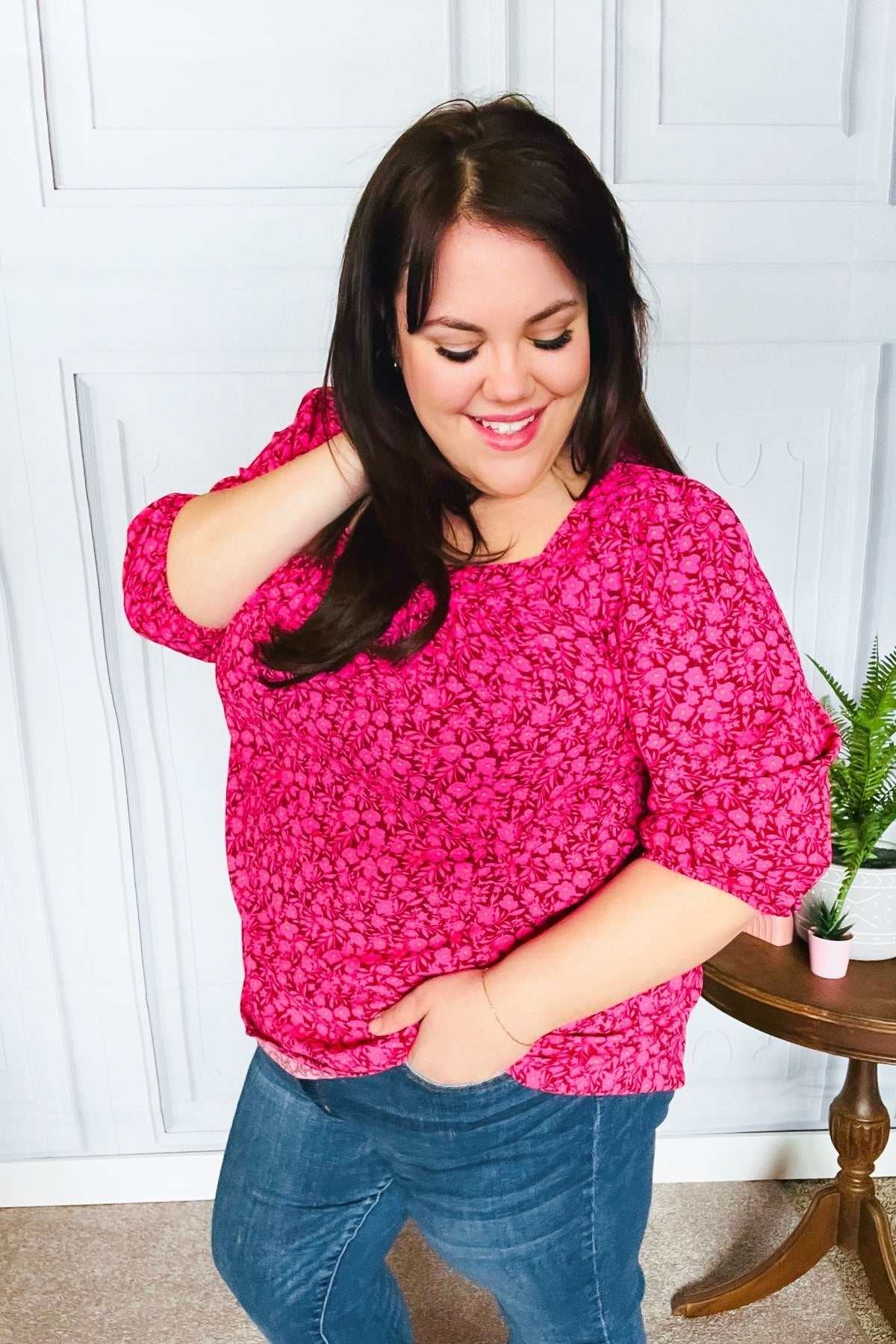 Perfectly You Fuchsia Floral Three Quarter Sleeve Square Neck Top - Bitsy Gypsy Boutique