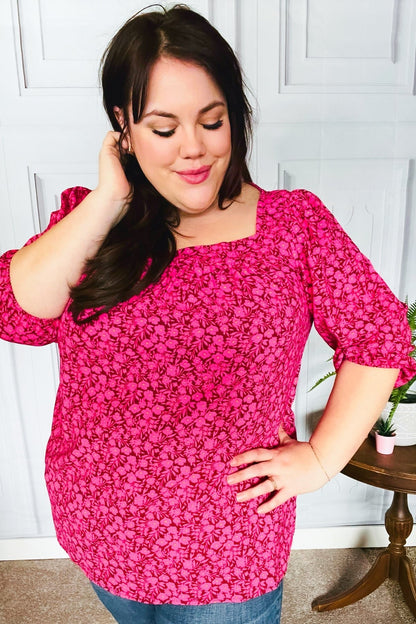 Perfectly You Fuchsia Floral Three Quarter Sleeve Square Neck Top - Bitsy Gypsy Boutique