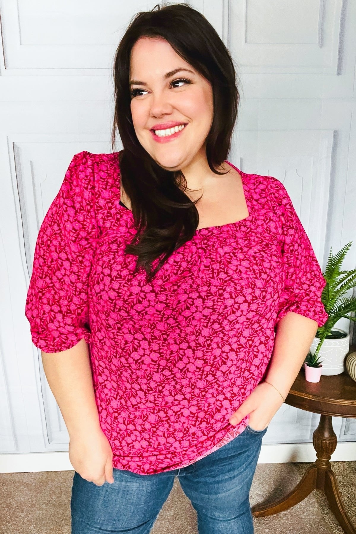 Perfectly You Fuchsia Floral Three Quarter Sleeve Square Neck Top - Bitsy Gypsy Boutique