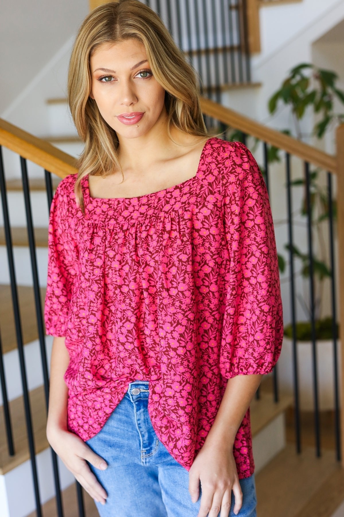 Perfectly You Fuchsia Floral Three Quarter Sleeve Square Neck Top - Bitsy Gypsy Boutique