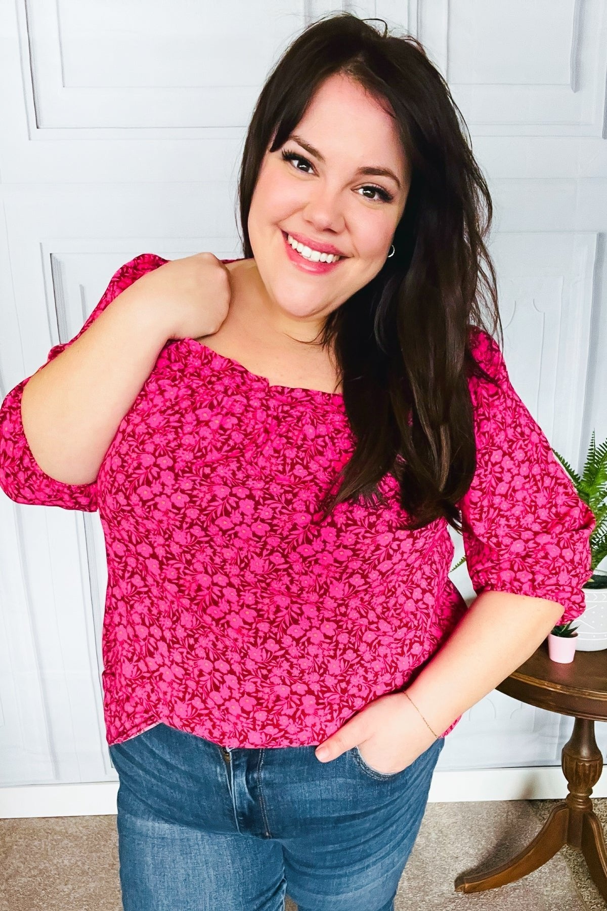 Perfectly You Fuchsia Floral Three Quarter Sleeve Square Neck Top - Bitsy Gypsy Boutique