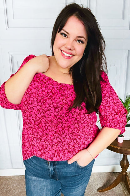 Perfectly You Fuchsia Floral Three Quarter Sleeve Square Neck Top - Bitsy Gypsy Boutique