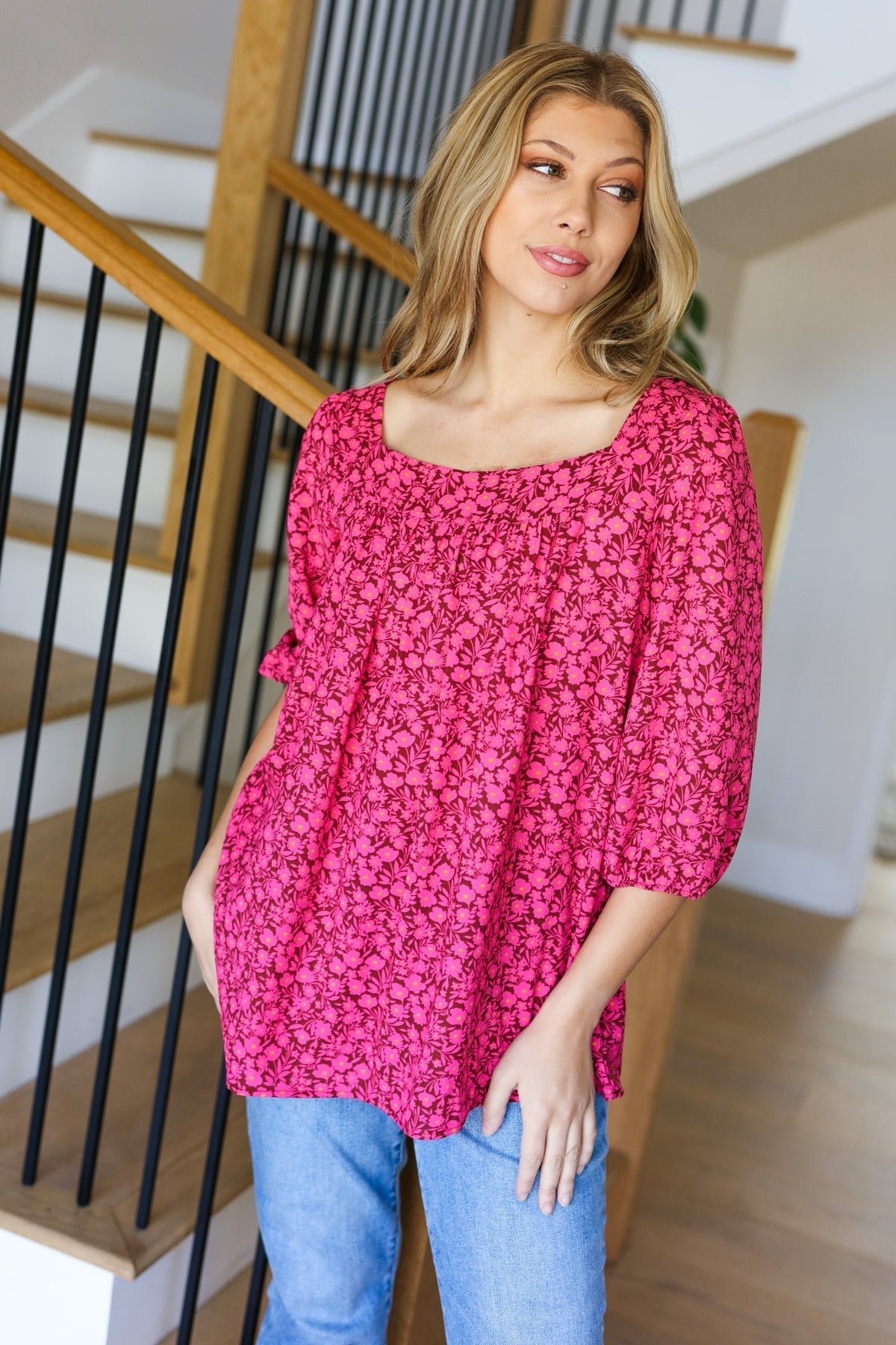 Perfectly You Fuchsia Floral Three Quarter Sleeve Square Neck Top - Bitsy Gypsy Boutique