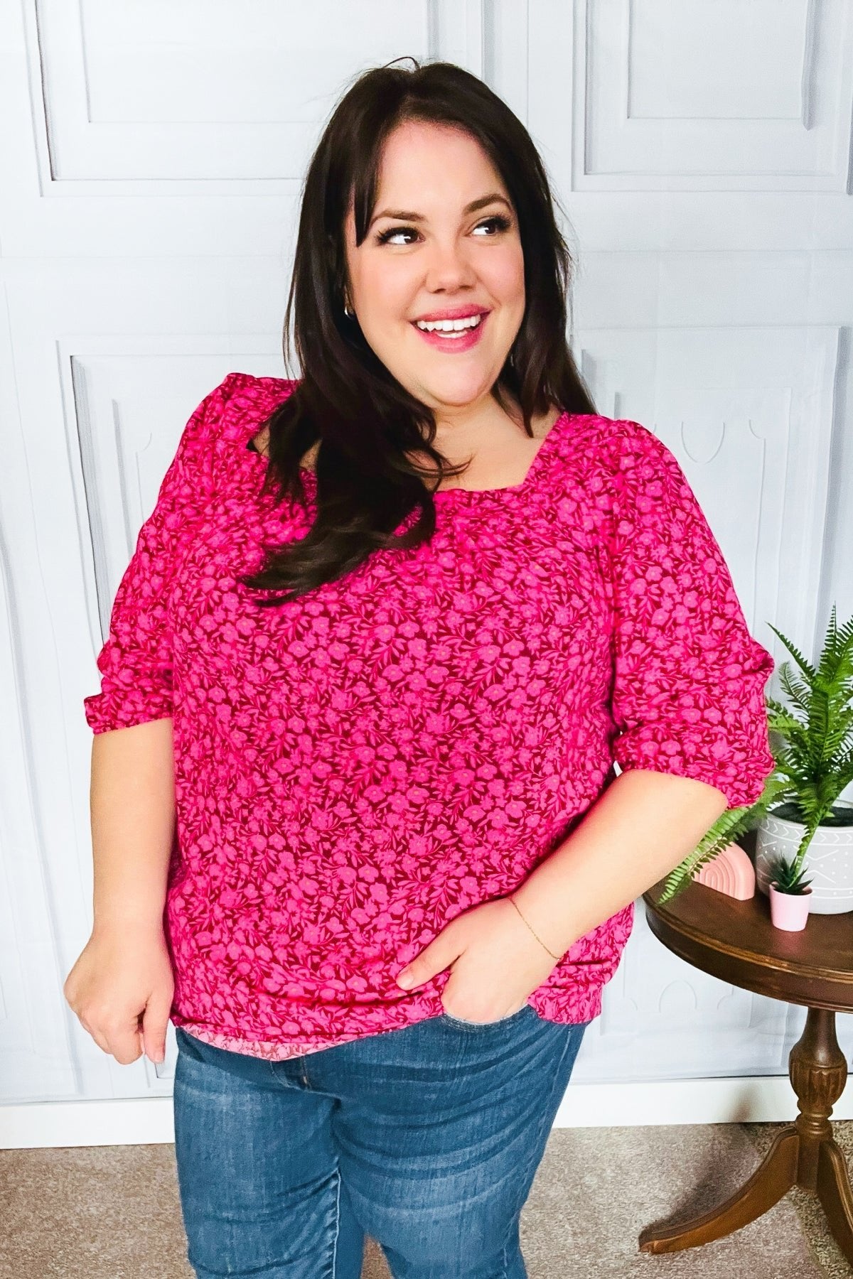 Perfectly You Fuchsia Floral Three Quarter Sleeve Square Neck Top - Bitsy Gypsy Boutique