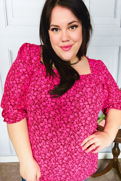 Perfectly You Fuchsia Floral Three Quarter Sleeve Square Neck Top - Bitsy Gypsy Boutique